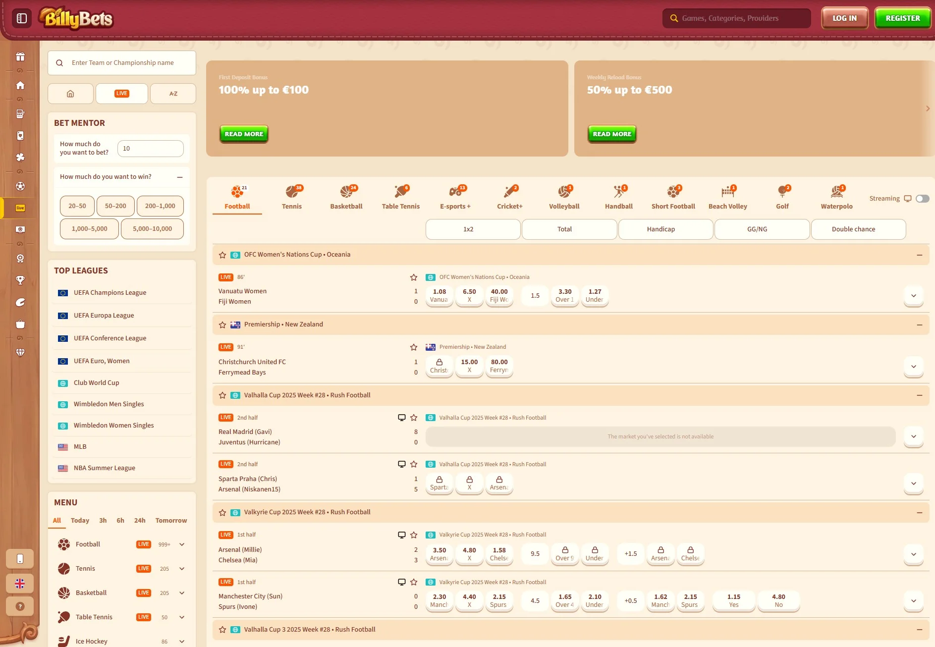 Στιγμιότυπο της live betting πλατφόρμας της BillyBets