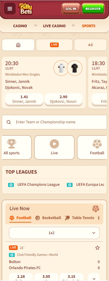 Η διεπαφή αθλητικών στοιχημάτων της BillyBets σε κινητό